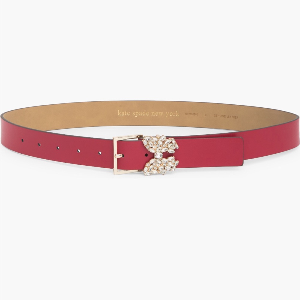 Kate Spade Ripe Apple Red Belt with Rhinestone Flower Metal Buckle